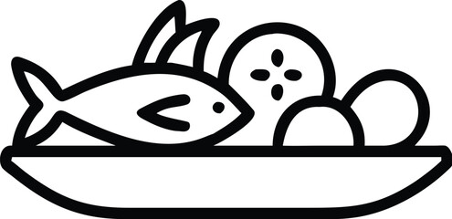 World food day outline icon of a fish with fruits and vegetables on a plate