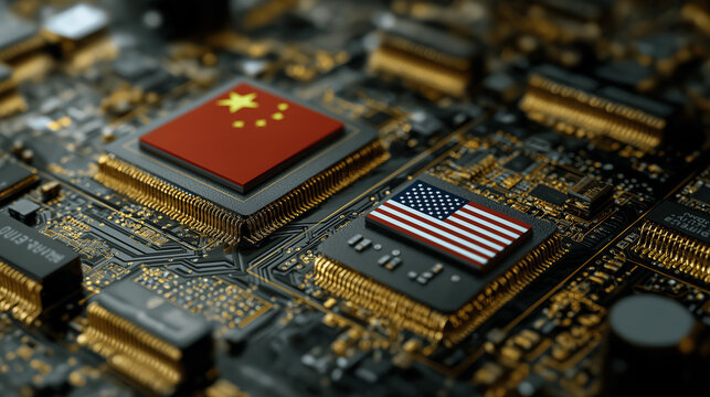USA and China flags on computer microchips on a circuit board, representing the tech war, trade competition, and geopolitical rivalry.
- Powered by Adobe