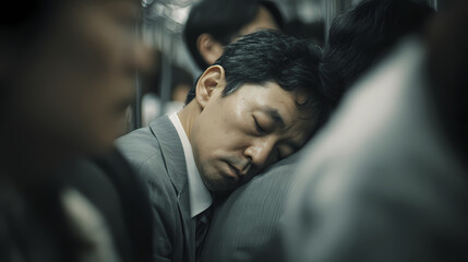 Tired Commuter Leans Against the Train Wall During Rush Hour, Exhausted from Work