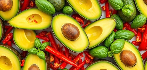 Vibrant avocado halves, fresh basil leaves, and red pepper flakes in a repeating pattern, wallpaper, seamless