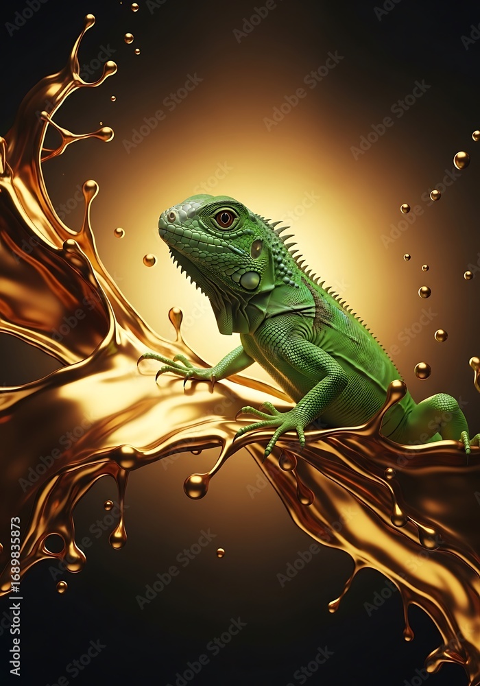 Poster exotic iguana perched dynamically amidst a swirling liquid element