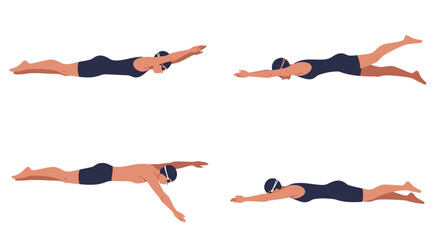 A set of illustrations showing male and female swimmers demonstrating various swimming strokes and techniques on a white background.
