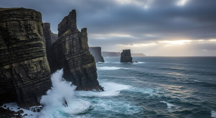 Dramatic Coastal Cliffs and Ocean Waves Crashing Against Rugged Rocks at Sunset