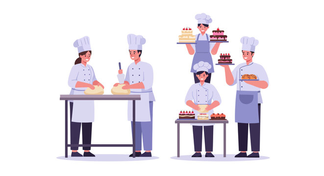 Pastry chefs preparing and presenting delicious cakes and pastries in a bakery setting.