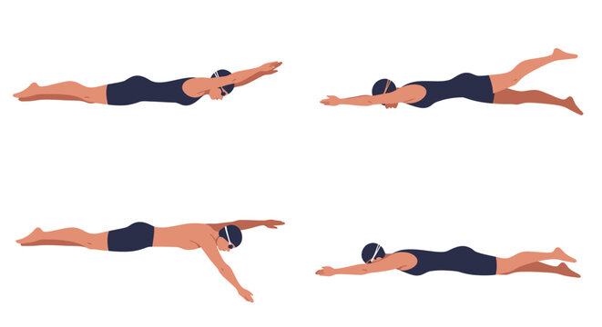 A set of illustrations showing male and female swimmers demonstrating various swimming strokes and techniques on a white background.