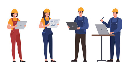 Obraz premium A diverse team of male and female construction workers and engineers in hard hats using laptops and tablets for site management.