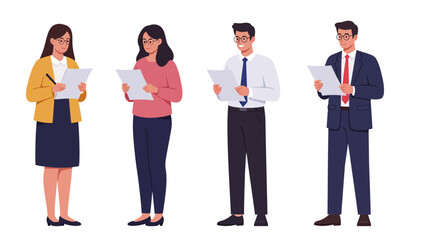 Fototapeta premium Four diverse professionals stand side-by-side, each holding and reviewing documents or papers, suggesting teamwork, collaboration, or assessment.