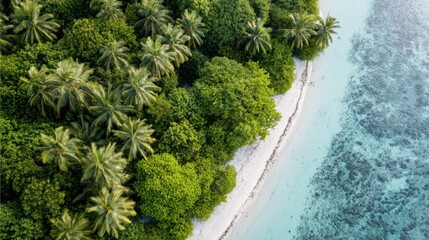 Aerial view of turquoise coastal waters with white sand, capturing the beauty of a tropical paradise.
