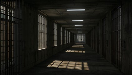 a dimly lit prison corridor with bars and shadows