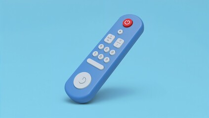 a blue remote control with red power button on light blue background
