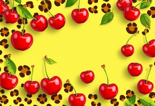 Vibrant vector wallpaper featuring ripe cherries scattered amongst a cheetah print background, white, background