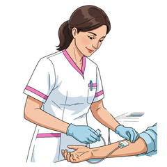 A compassionate female nurse in a white uniform and blue gloves carefully administers an intravenous injection or draws blood from a patient's arm.