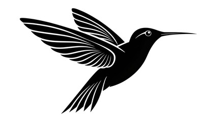 Fototapeta premium A black silhouette of a hummingbird in flight, wings spread, isolated on a white background, creating a simple, elegant, and minimalist design. 