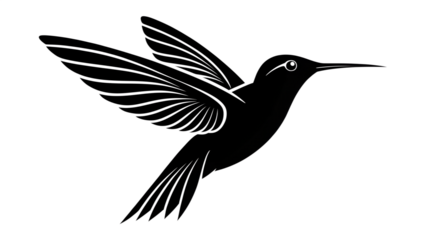 A black silhouette of a hummingbird in flight, wings spread, isolated on a white background, creating a simple, elegant, and minimalist design.
