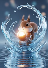 Whimsical squirrel with a glowing nut framed by dynamic water splash