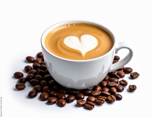 Fototapeta premium Latte Art Heart Coffee with Roasted Beans on White.