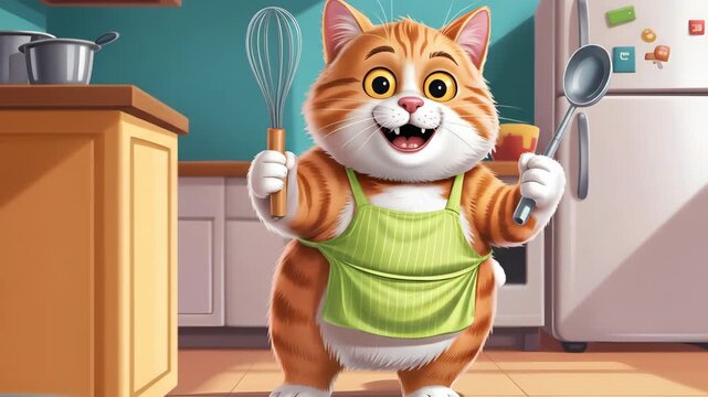 Funny Orange and White Cat in Green Apron, Whisk and Spoon, 3D Cartoon Style