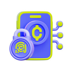 3D icon of a mobile crypto wallet with biometric lock For fingerprint security, biometric authentication, mobile wallet protection, secure access.