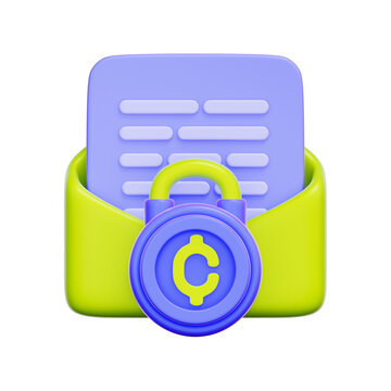 3D icon of an envelope with a crypto security lock For secure blockchain communication, encrypted message, private transaction, data security.