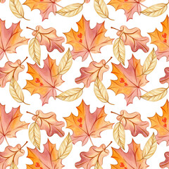 Seamless pattern background. Endless backdrop template. Fallen red maple, oak leaf, leaf fall, foliage with veins, stylized art. Hand drawn watercolor illustration. Autumn cozy mood