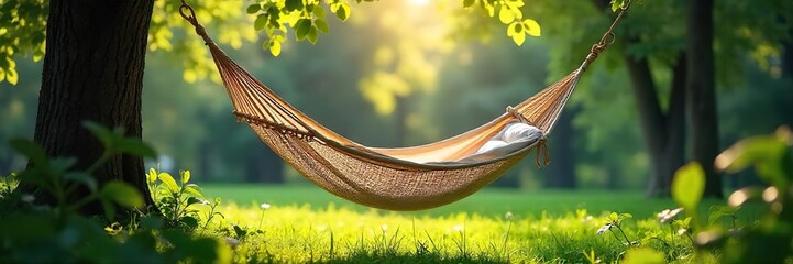 Serene hammock sways gently in a lush green garden, sunlight dappling through leaves Perfect for relaxation and peaceful escape Ideal for travel, vacation, and wellbeing imagery , daytime, sunlight