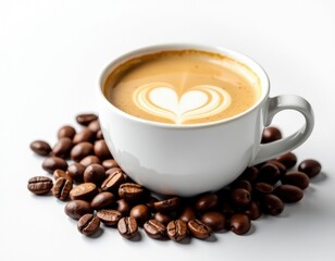 Fototapeta premium Latte Art Heart in Coffee Cup with Roasted Beans on White