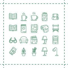 Cozy Home Icons Set Reading Coffee Relaxation and Comfort.