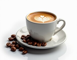 Fototapeta premium Latte Coffee Cup with Heart Art and Beans on White Background
