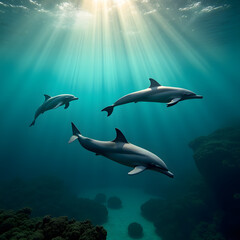 Dolphins Swimming Underwater with Sun Rays - Ocean Life Photography