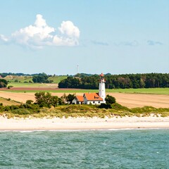 Scenic coastal view featuring a lighthouse by the sea