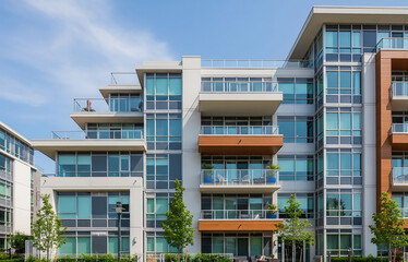 青空と緑に映える、洗練されたモダンデザインの低層マンション外観