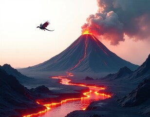 Fototapeta premium Fantasy Volcanic Eruption with Dragon and Luminous Lava River