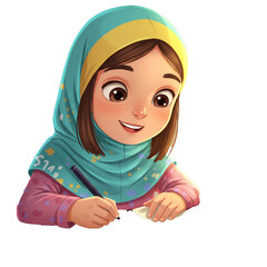 A charming illustration of a happy young girl in a colorful hijab, diligently writing or drawing on a piece of paper with a pen, expressing creativity and joy.