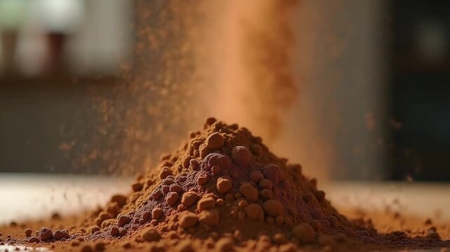 Cocoa powder falls on the table. Filmed on a high-speed camera at 1000 fps. High quality FullHD footage