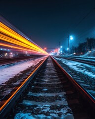 Fototapeta premium Captivating Night View of Train Tracks with Motion Blur and Colorful Lights in a Snowy Urban Environment