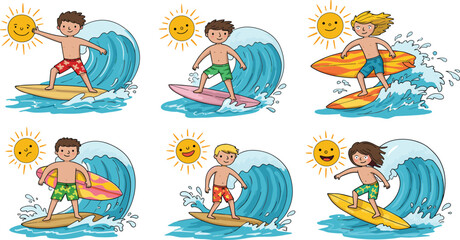 Cute cartoon kids surfing big ocean waves under bright smiling sun, colorful summer beach activity, fun water sport, summer adventure.