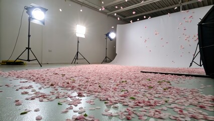Studio setup with pink petals on ground and professional lighting equipment