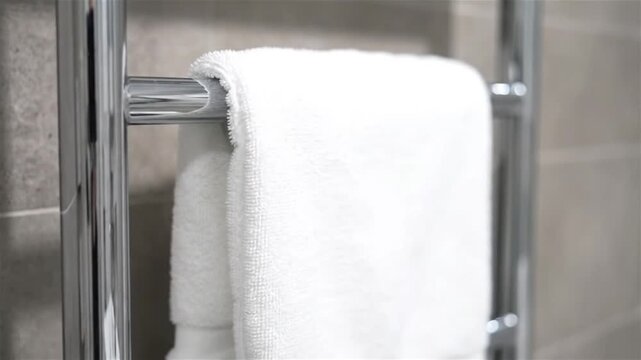 Fresh white towel hanging on a modern chrome heated towel rail in a clean luxurious bathroom setting offering comfort and spa-like relaxation