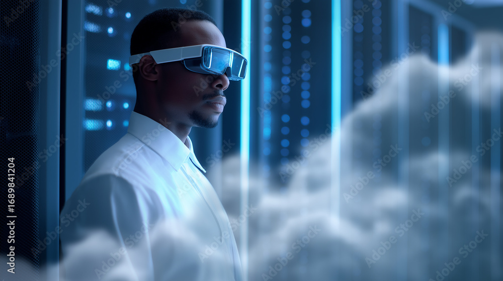 Poster man wearing futuristic smart glasses standing in a server room surrounded by digital cloud computing