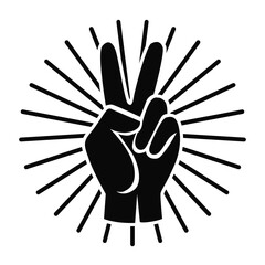 Hand Peace Sign with Sunburst Rays Illustration