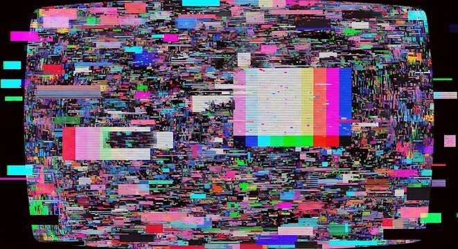 Distorted Television Screen with Static and Color Bars.