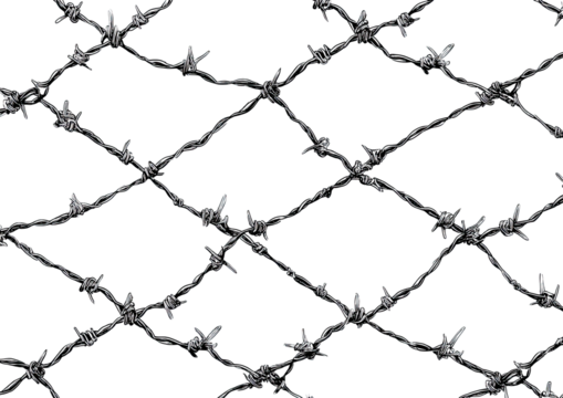 Close-up view of a wire mesh fence with barbed wire. Intertwined, diagonal lines form a diamond pattern. Dark background