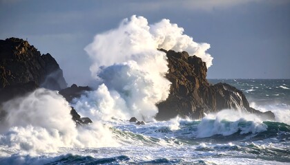 Powerful waves crashing against rocks