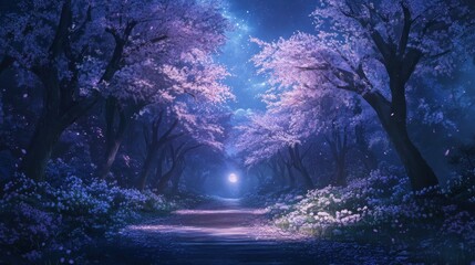 Magical night path through a blossoming forest