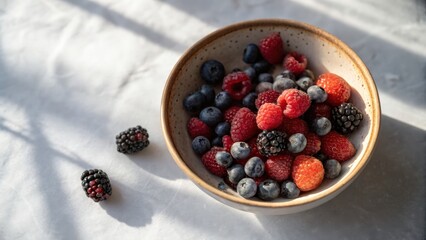 Assorted fresh berries in bowl with natural light shadows and rustic texture