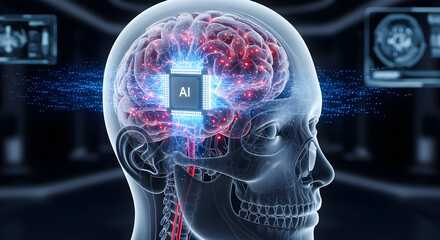 This powerful conceptual image visualizes artificial intelligence integrated into the human brain, symbolizing the future of advanced technology and cognitive evolution.