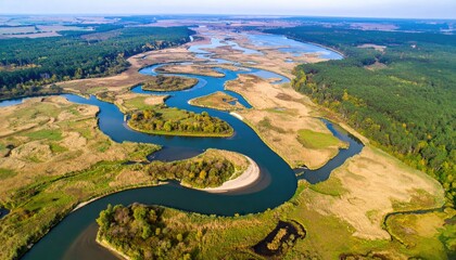 Aerial View of Braided River Delta Teal Channels Serpentine Geometry