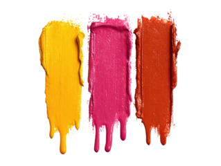 Three swirled swatches of vibrant lipstick, dripping slightly, in yellow, magenta, and terracotta colors against a black background