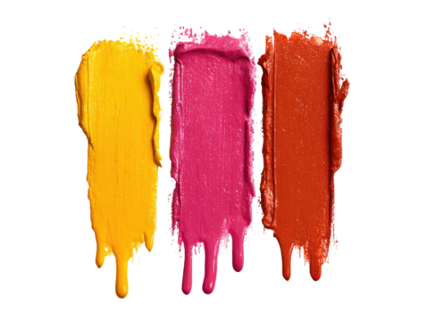 Three swirled swatches of vibrant lipstick, dripping slightly, in yellow, magenta, and terracotta colors against a black background