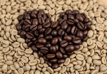 Fototapeta premium roasted coffee beans forms heart shape with green beans around them